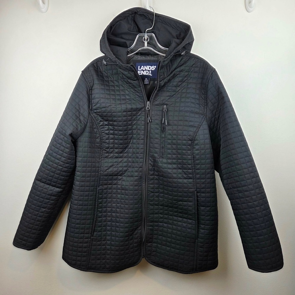 Lands End Womens XL Black Quilted Hooded Jacket Full Zip Grid Pattern Coat